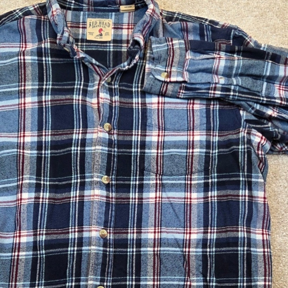 Red Head Flannel Shirt Blue Red Plaid Button Down Long Sleeve Cotton Mens Large